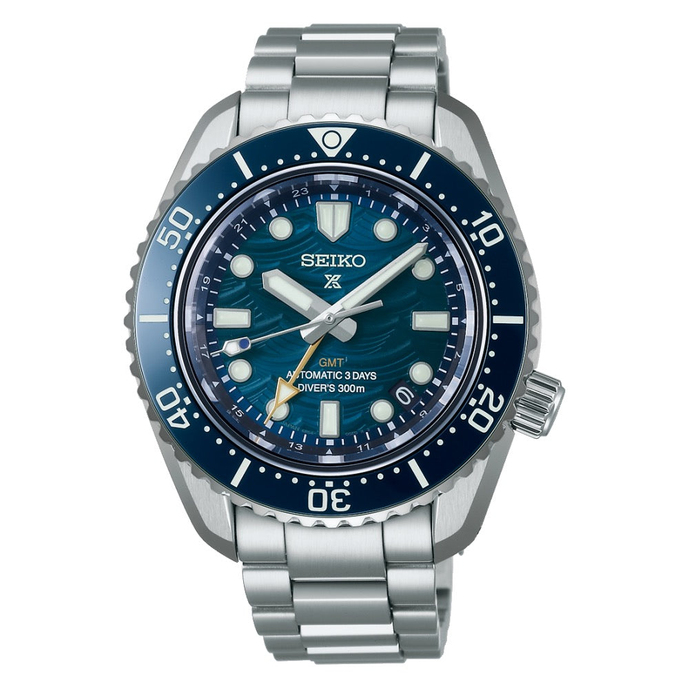 Seiko Prospex SPB509J1 Herren Automatikuhr – Diver’s 300M GMT Limited Edition mit Edelstahlgehäuse, blauem Zifferblatt und Taucherlünette