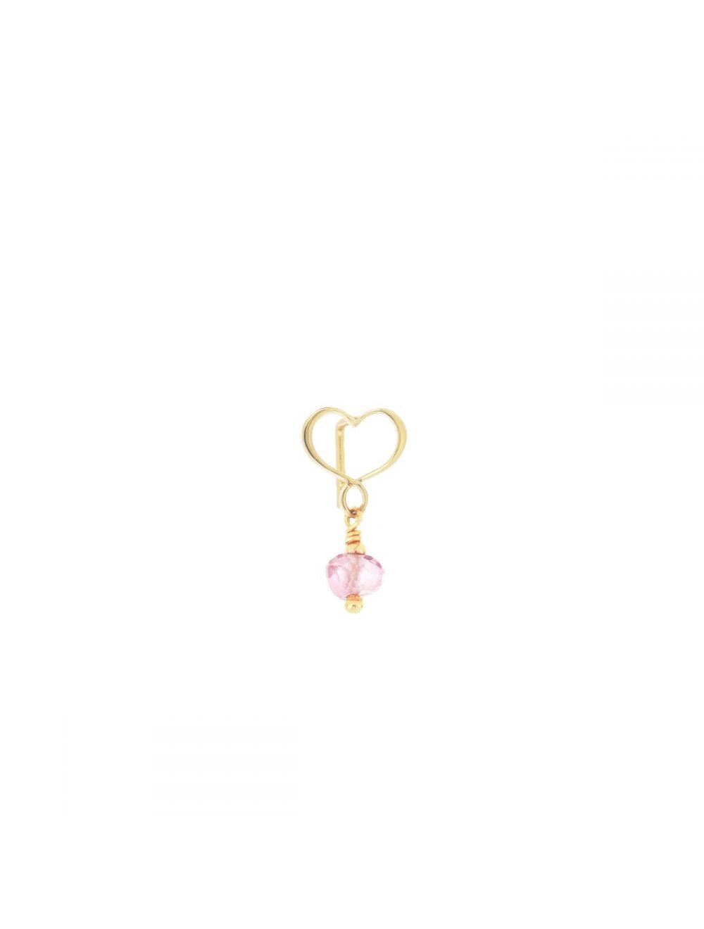 Einzelohrring 18 Karat Gelbgold perforiertes Maman-Herz 8 mm mit rosa Topaz-Stein, ohne Stecker tragbar.